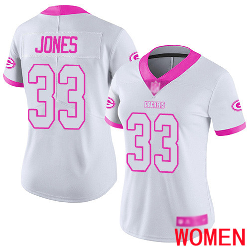 Green Bay Packers Limited White Pink Women #33 Jones Aaron Jersey Nike NFL Rush Fashion